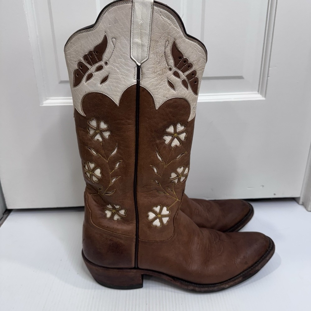 Rios of Mercedes Womens 9 Brown Leather Floral Inlay Cowboy Western Boots USA